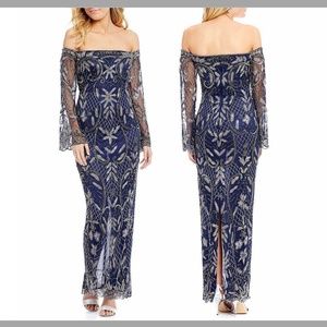 NWT Pisarro Nights Embellished‎ Off the Shoulder Column Gown Blue [SZ 6 ]